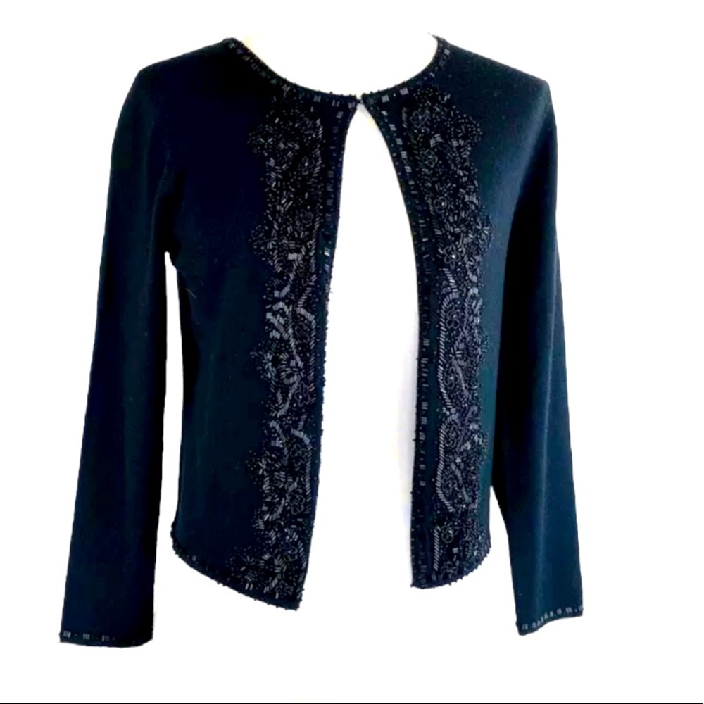 BROOKS BROTHERS Open Front Sweater Fine Merino Italian Wool Hand Beaded Black XS - Picture 3 of 12